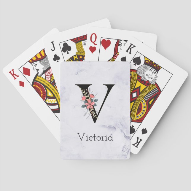 Jeu De Cartes Lettre "V" Marbre blanc Floral Monogramme (dos)