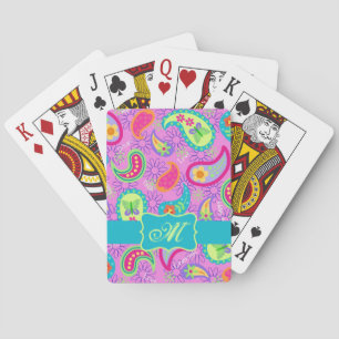 Jeu De Cartes Magenta rose Turquoise moderne Paisley Monogramme