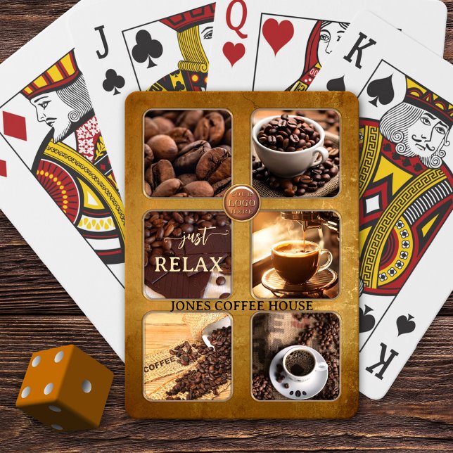 Jeu De Cartes Maison de café photo personnalisée (Playing cards featuring 6 photos framed by a grunge coffee design and your own logo)
