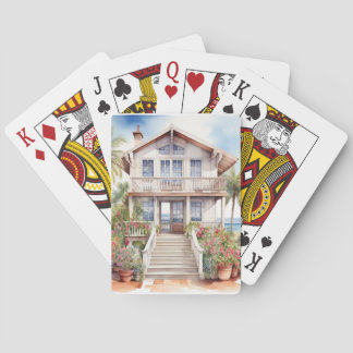 JEU DE CARTES MAISON DE PLAGE D'ÉTÉ À L'AQUARELLE PASTEL
