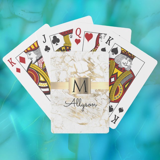 Jeu De Cartes Marbre blanc et or, Boîte Or, Nom et Monogramme Vs (Créateur téléchargé)