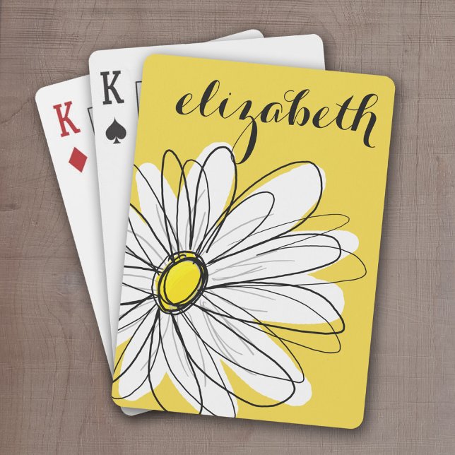 Jeu De Cartes Marguerite lunaire jaune et blanc avec texte perso (Whimsical Daisy Drawing with a place to add your name - personalized playing cards)