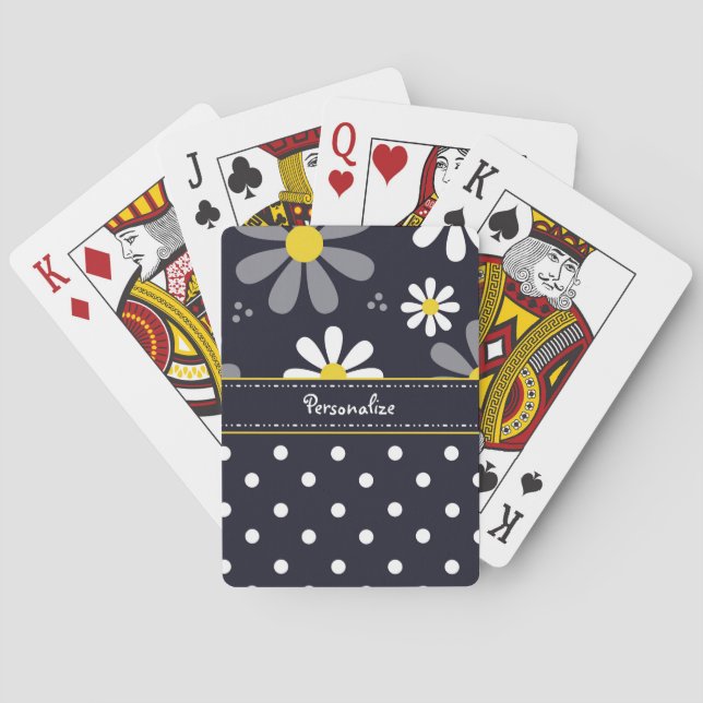 Jeu De Cartes Marguerites Girly et pois de mod avec le nom (dos)