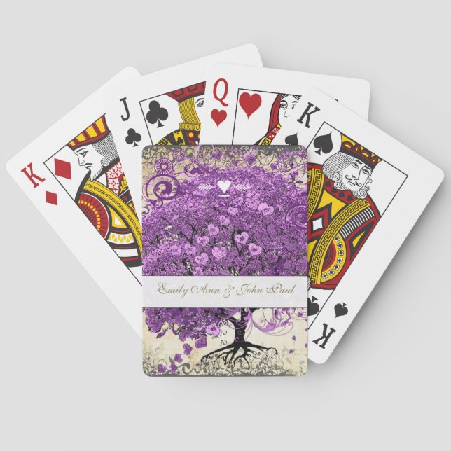 Jeu De Cartes Mariage de feuille d'arbre de coeur violet radiant (dos)