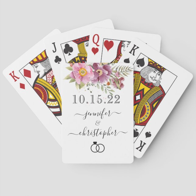Jeu De Cartes MARIAGE NEWLYWED Date avec noms, fleurs roses (dos)