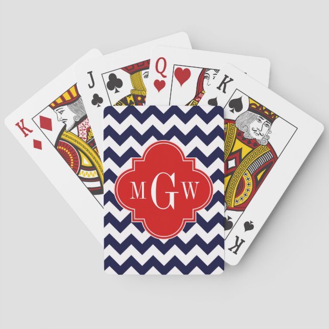 Jeu De Cartes Marine White Chevron Red Quatrefoil 3 Monogramme (dos)