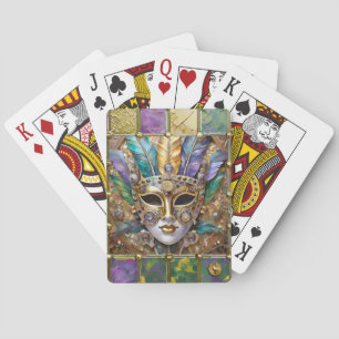 Jeu De Cartes Masque à plumes coloré en céramique et or Mardi Gr