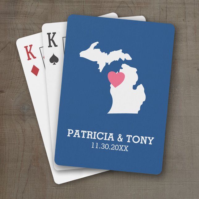 Jeu De Cartes Michigan State Map with Custom Love Heart and Name (Personalized Playing Cards with a State Map, Movable Heart and Name)