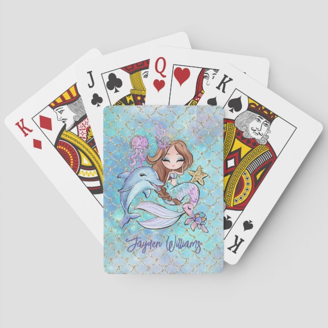 Jeu De Cartes Mignonne Sirène Lumière Cheveux Brown Personnalisé (dos)