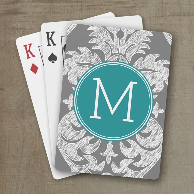 Jeu De Cartes Modèle gris chic et Damas Turquoise Monogramme per (Personalized playing cards with monogram or custom text)