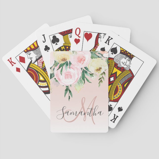 Jeu De Cartes Moderne Pastel Rose & Fleurs Avec Nom (dos)