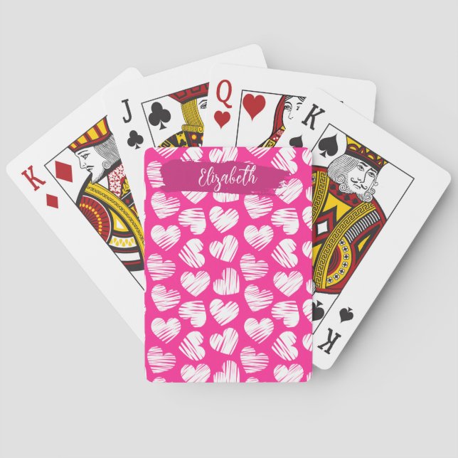 Jeu De Cartes Moderne rose et blanc Doodled Heart Valentine Nom (dos)