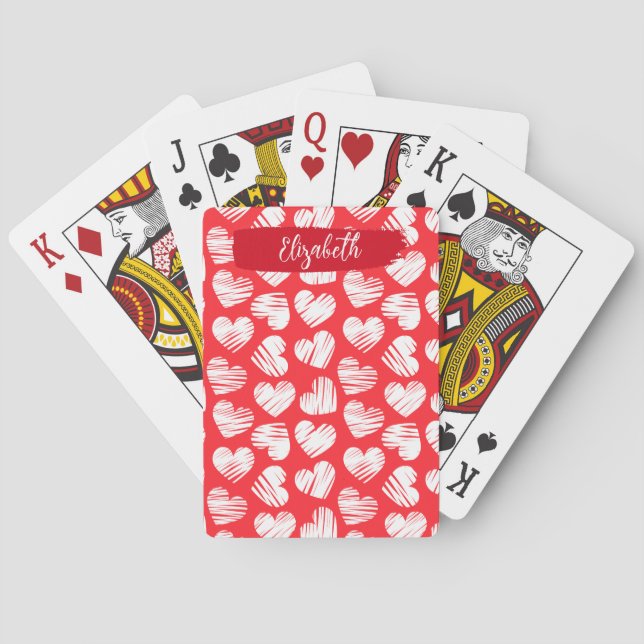 Jeu De Cartes Moderne Rouge et Blanc Doodled Heart Valentine Nom (dos)