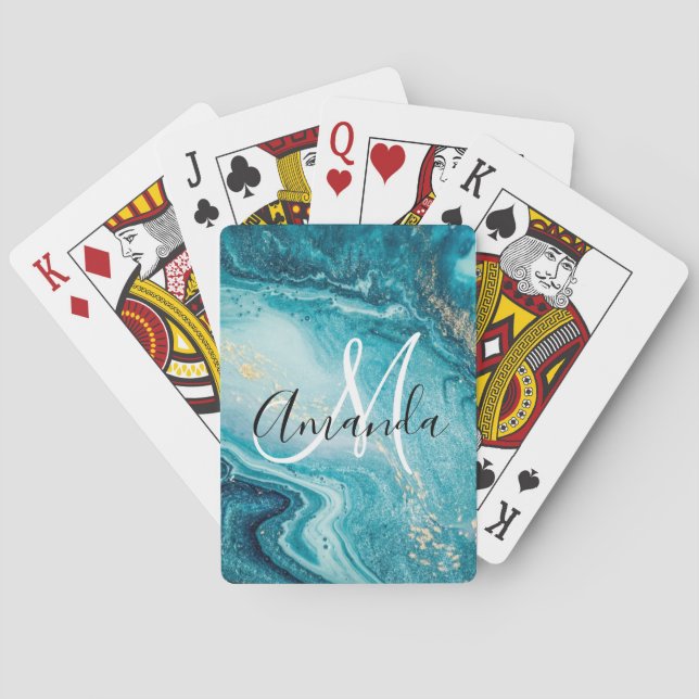 Jeu De Cartes Monogramme Abstrait de marbre bleu  (dos)