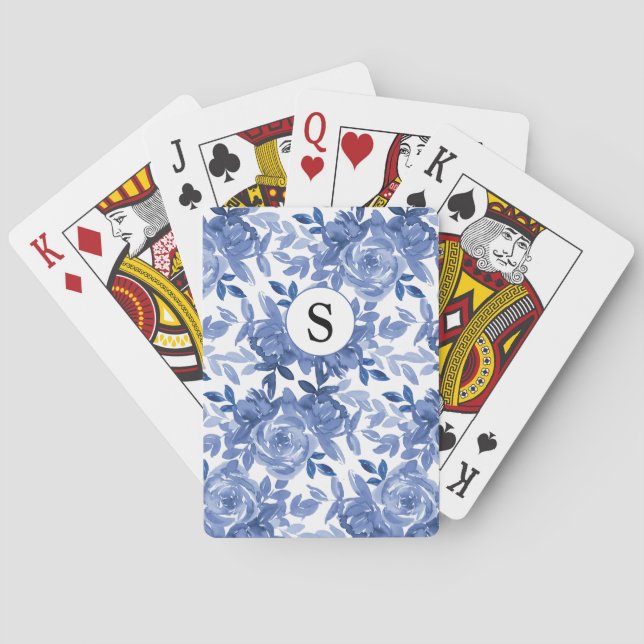 Jeu De Cartes Monogramme Bleu Floral Botanique (dos)