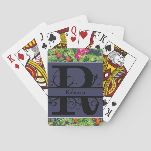 Jeu De Cartes Monogramme bleu marine tropicale Florale R (dos)