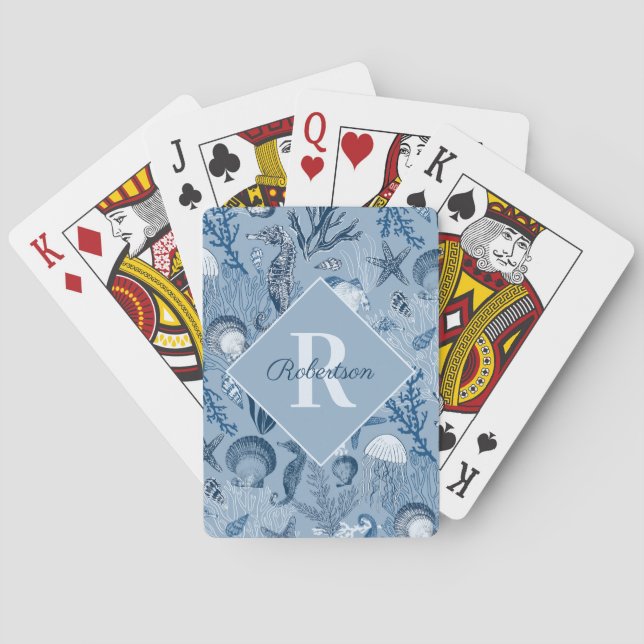Jeu De Cartes Monogramme bleu océan côtier (dos)