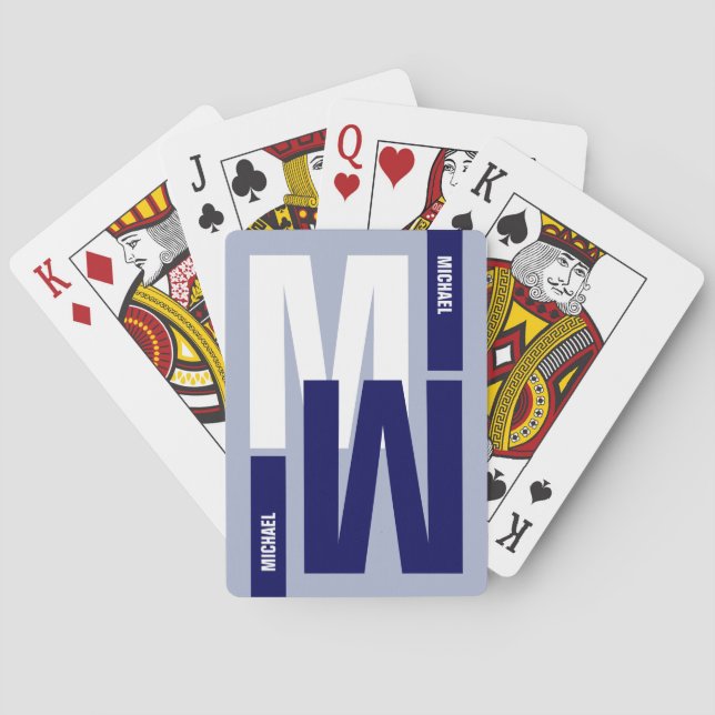 Jeu De Cartes Monogramme cool (initial et nom) bleu (dos)