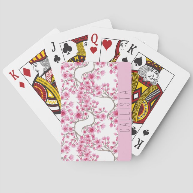 Jeu De Cartes Monogramme d'aquarelle florale de fleurs de cerisi (dos)