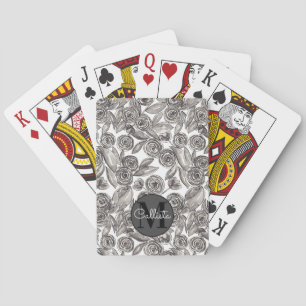 Jeu De Cartes Monogramme d'aquarelle florale noir moderne