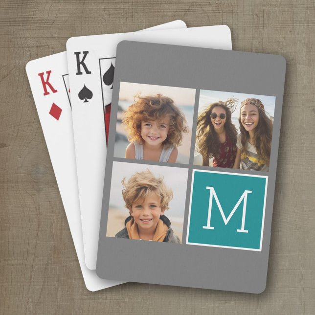Jeu De Cartes Monogramme de collection de photos Turquoise et gr (Personalized playing cards with a fun area to add photos and text such as a name or monogram)