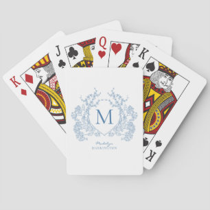 Jeu De Cartes Monogramme de crête Florale Bleu Français Classiqu