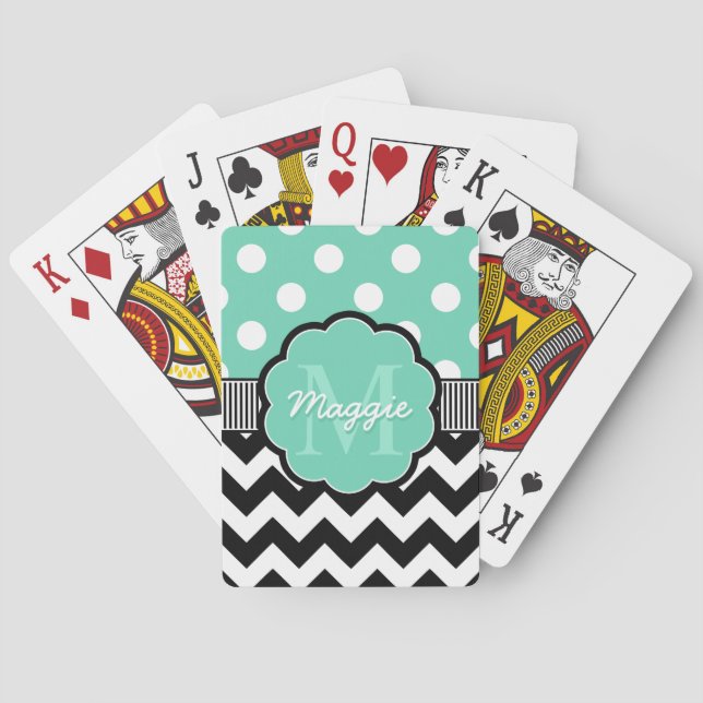 Jeu De Cartes Monogramme de menthe Pois noire Chevron (dos)