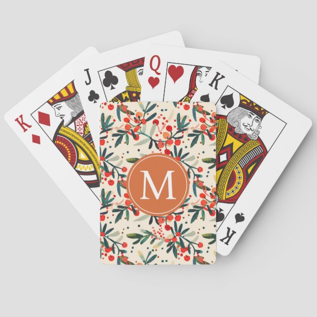 Jeu De Cartes Monogramme de Noël rouge moderne Holly Berries (dos)