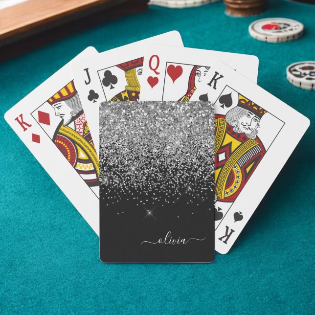 Jeu De Cartes Monogramme de nom girly à paillettes noir argenté (Créateur téléchargé)