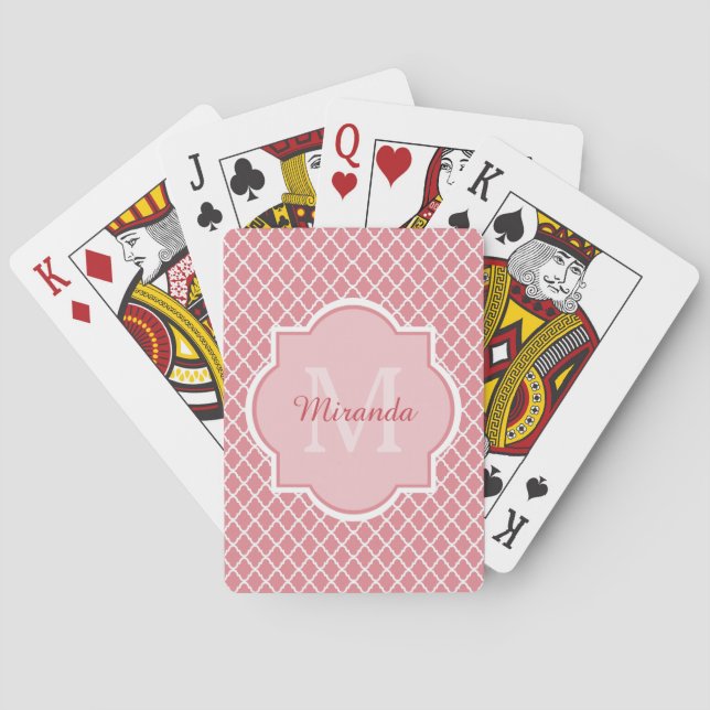 Jeu De Cartes Monogramme de Quatrefoil Rose Chic Avec Nom (dos)