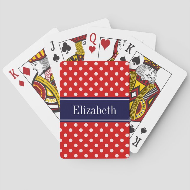 Jeu De Cartes Monogramme de ruban bleu bleu marine Pois rouge (dos)