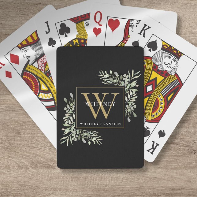 Jeu De Cartes Monogramme d'or Vert élégant Noir moderne (Gold Monogram Elegant Greenery Modern Black Poker Cards)