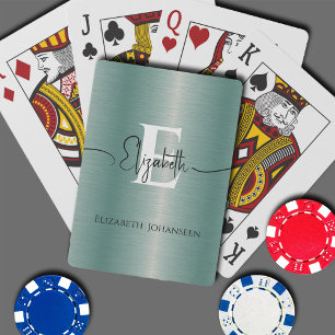Jeu De Cartes Monogramme et nom du script en métal brossé bleu é