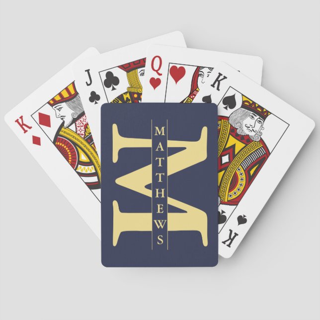 Jeu De Cartes Monogramme et nom personnalisés bleu et or (dos)