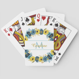 Jeu De Cartes Monogramme Floral d'automne d'or bleu