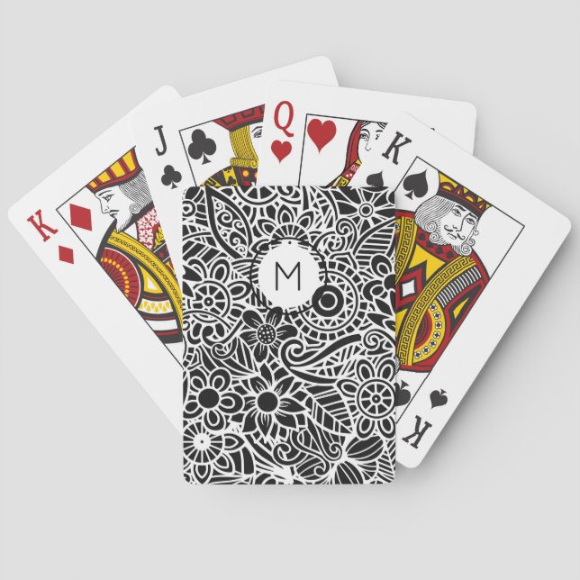 Jeu De Cartes Monogramme floral Mandela INITIAL Noir Blanc  (dos)