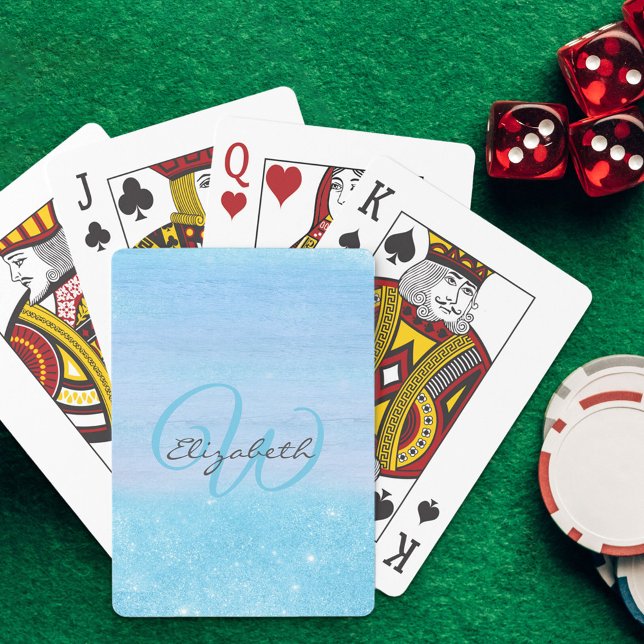 Jeu De Cartes Monogramme Girly Aqua Blue Ombre Shimmer (Créateur téléchargé)