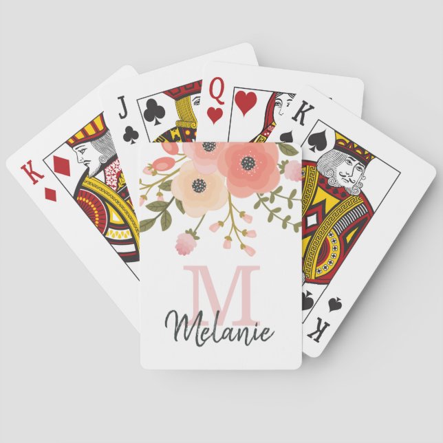 Jeu De Cartes Monogramme Joli rose Floral Vert (dos)