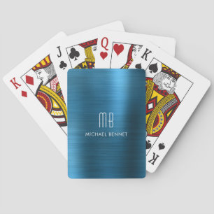 Jeu De Cartes Monogramme métallique brossé bleu élégant Nom