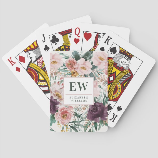 Jeu De Cartes monogramme moderne aquarelle florale élégant (dos)