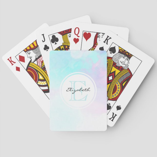 Jeu De Cartes Monogramme moderne Pastel Blue & Purple Aquarelle (dos)