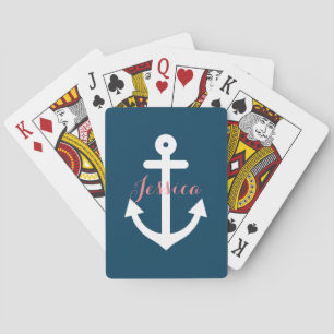 Jeu De Cartes Monogramme nautique d'Ancre de bleu marine