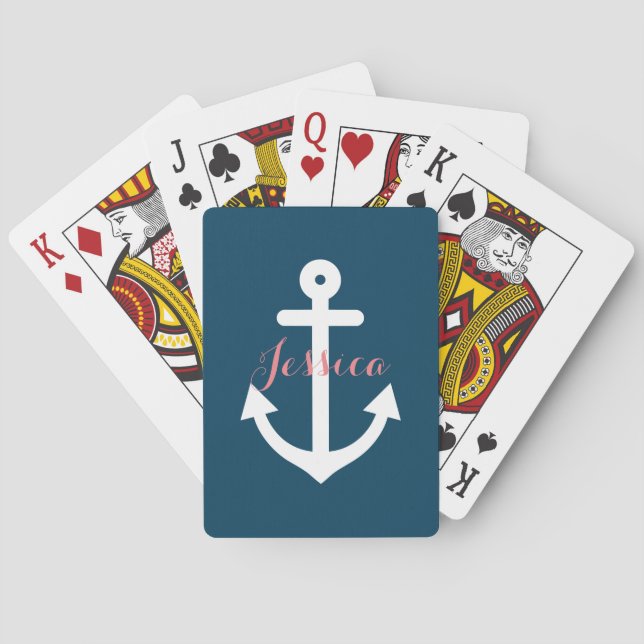 Jeu De Cartes Monogramme nautique d'Ancre de bleu marine (dos)