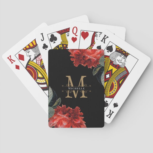 Jeu De Cartes Monogramme Or Noir Rouge Floral Élégant Personnali (dos)