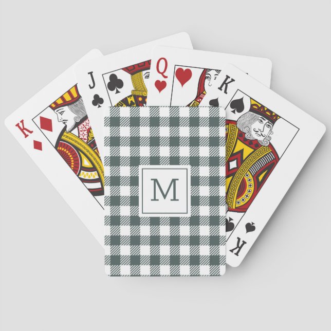 Jeu De Cartes Monogramme personnalisé à carreaux gingham vert (dos)