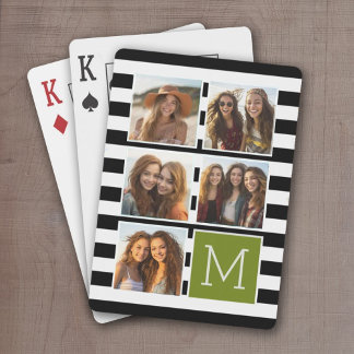 Jeu De Cartes Monogramme Personnalisé Lime Noir Striped Photo Co