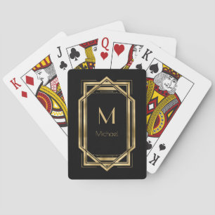 Jeu De Cartes Monogramme personnalisé noir et or Géométrique
