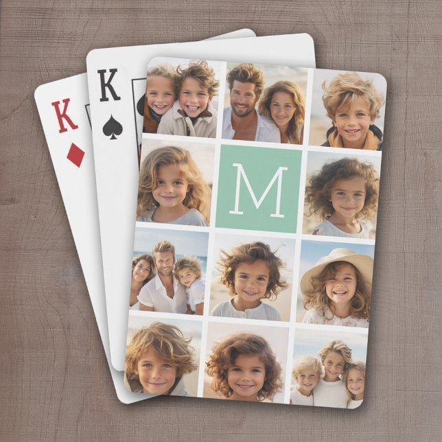 Jeu De Cartes Monogramme personnalisé photo Collage de photo uni (Personalized Playing Cards with 11 Photos and a bright monogram in the center)