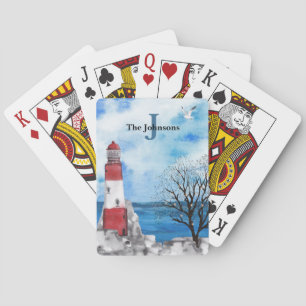 Jeu De Cartes Monogramme Rouge et Bleu Phare Aquarelle Scene Pl