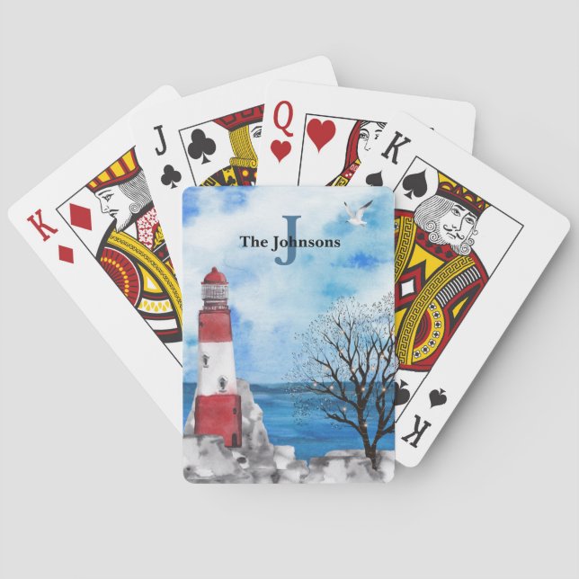 Jeu De Cartes Monogramme Rouge et Bleu Phare Aquarelle Scene Pl (dos)